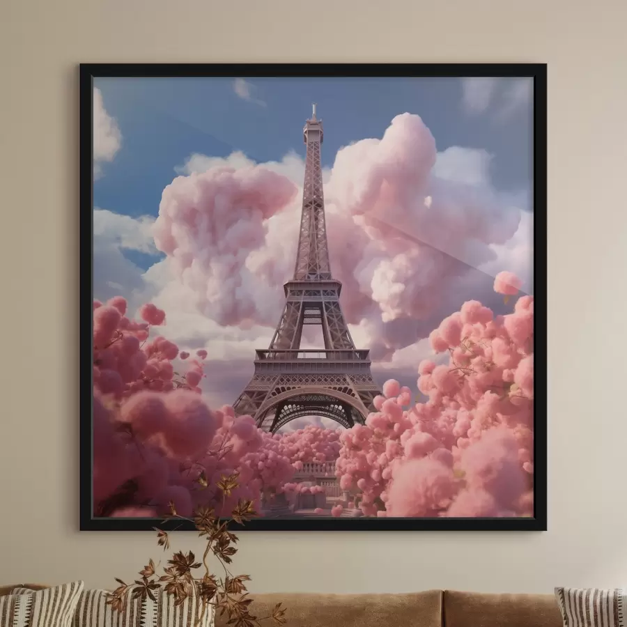Fototapetai Eifelio bokštas rausvuose fantastinio stiliaus debesyse f45036