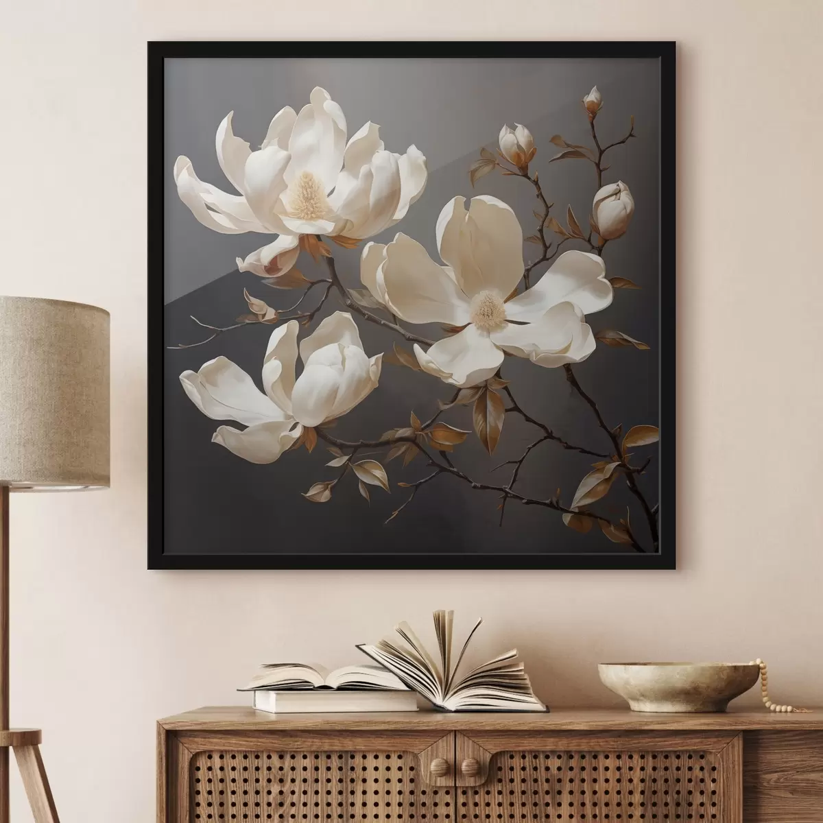 Plakatas Baltos magnolijos tamsiame fone tapybiniu stiliumi f45038