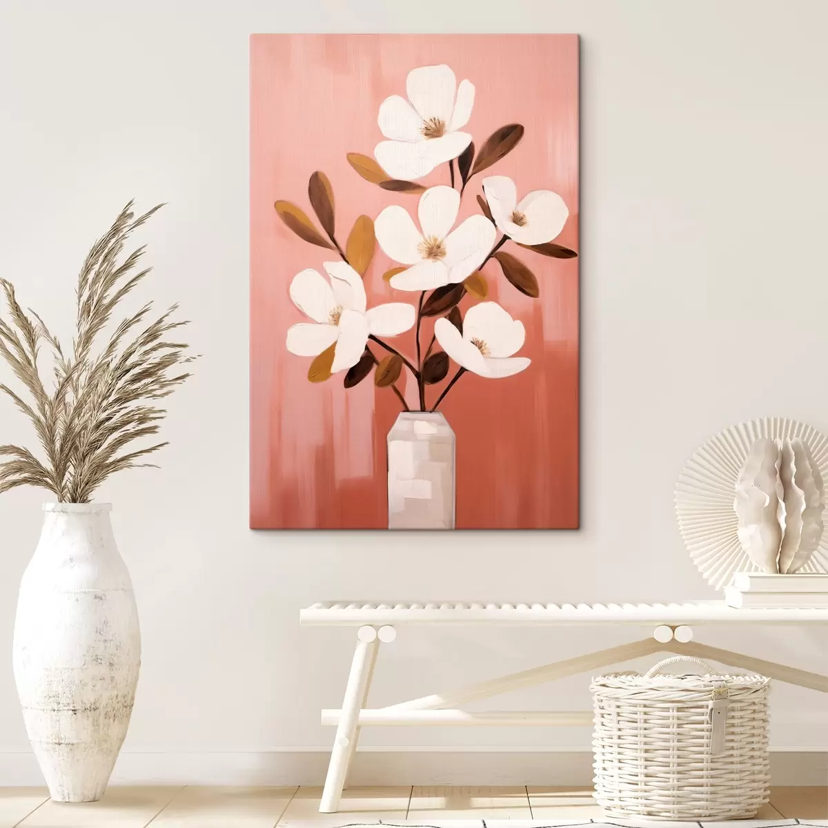 Paveikslėlis Baltos magnolijos baltoje vazoje: minimalistinis gėlių paveikslas s45254