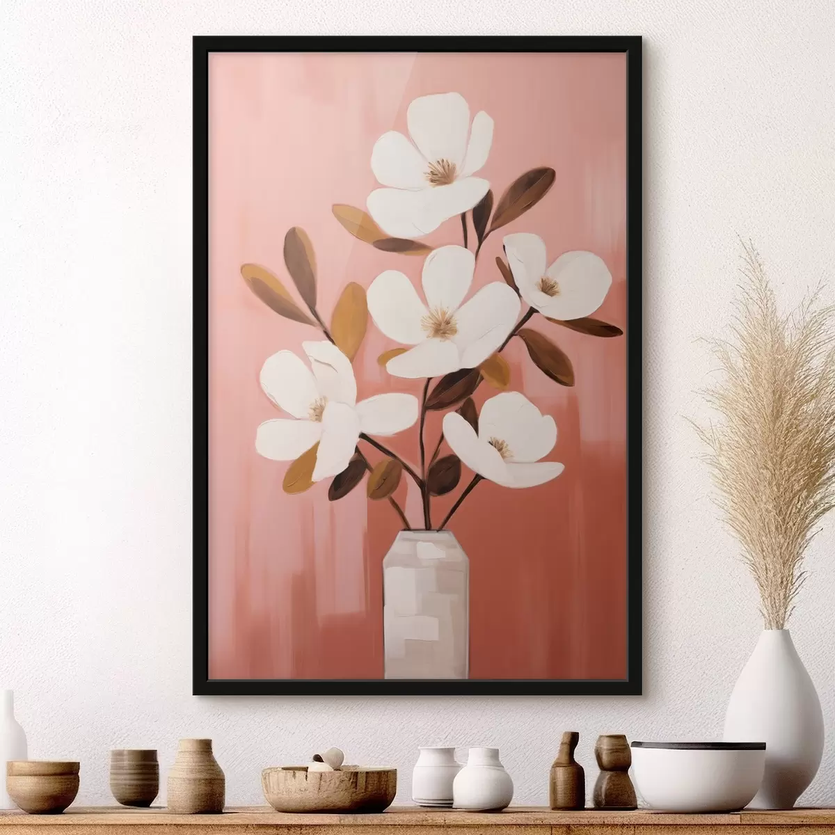 Plakatas Baltos magnolijos baltoje vazoje: minimalistinis gėlių paveikslas f45254