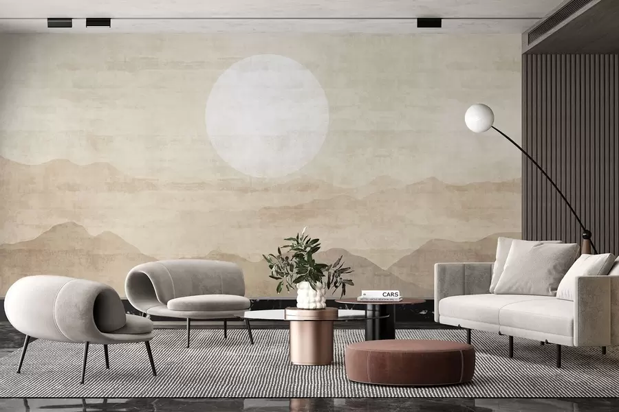 Fototapetai Minimalistinis kalnų kraštovaizdis su didele balta saule w04345