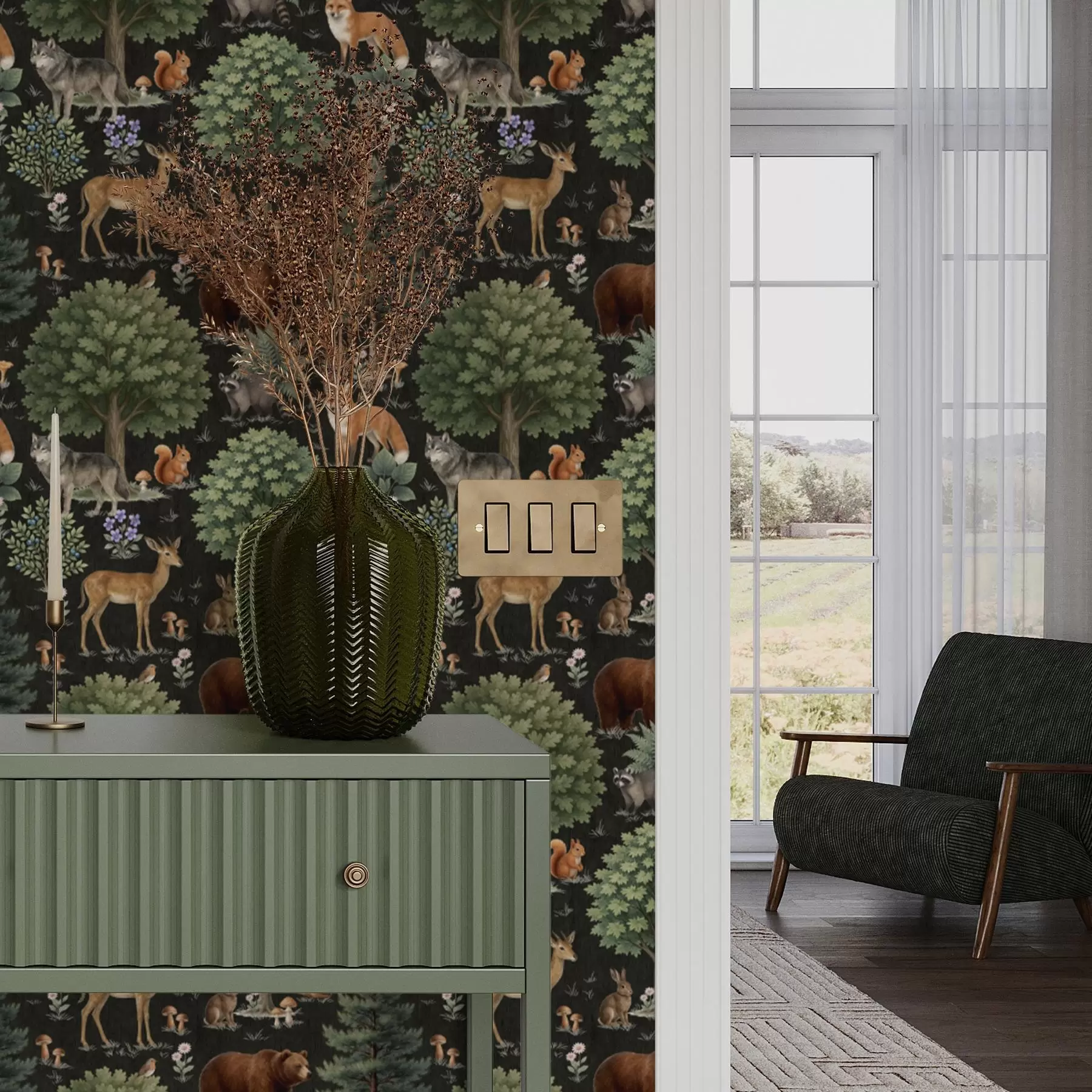 Fototapetai Akvarelės miško gyvūnai su medžiais ir grybais a00391