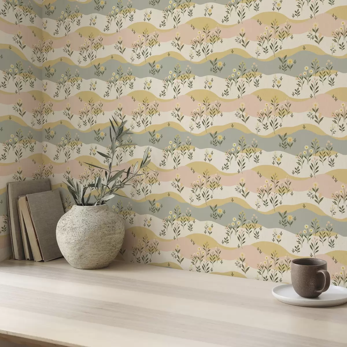 Tapetai Banguojančios pievų gėlės pasteliniu minimalistiniu stiliumi a00396