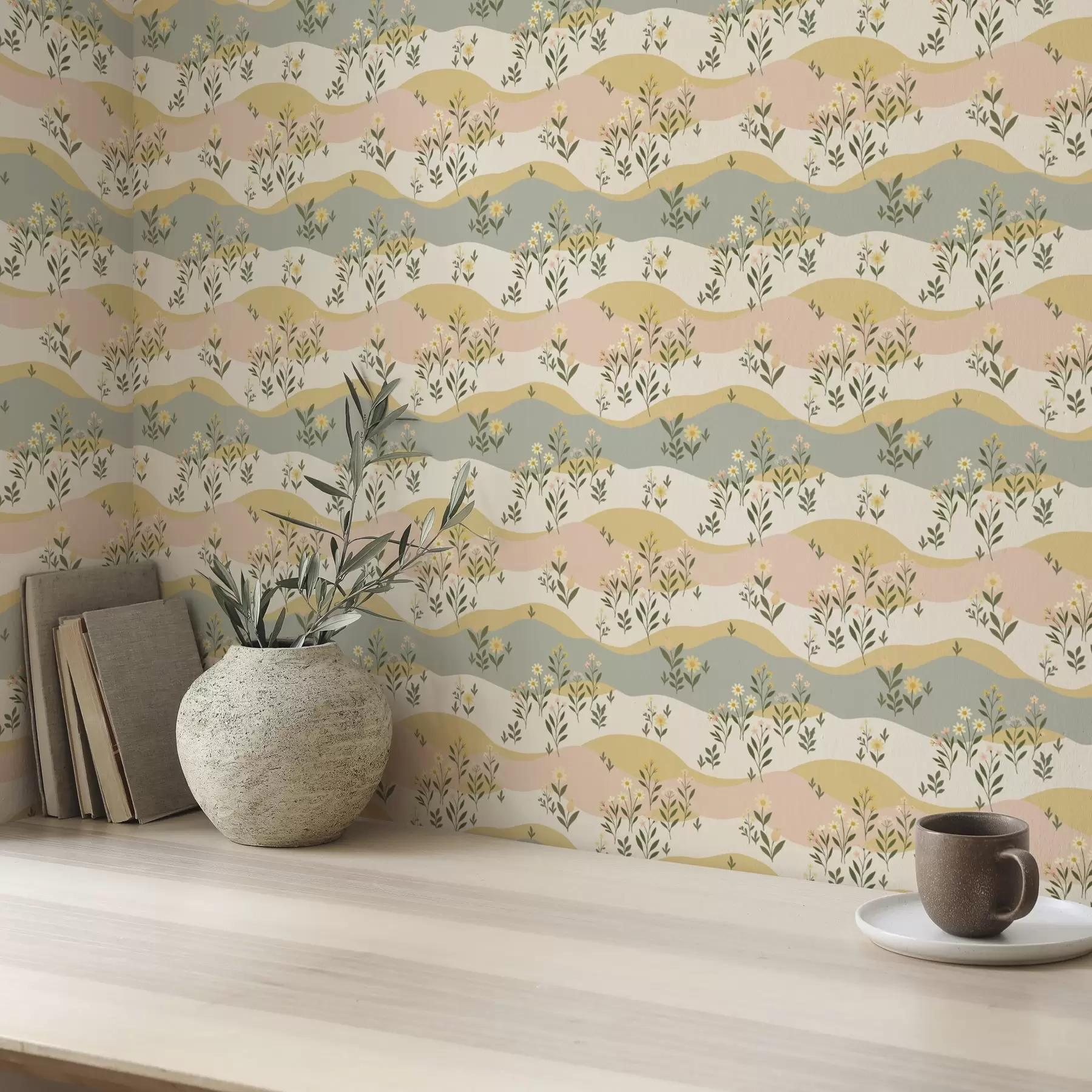 Fototapetai Banguojančios pievų gėlės pasteliniu minimalistiniu stiliumi a00396