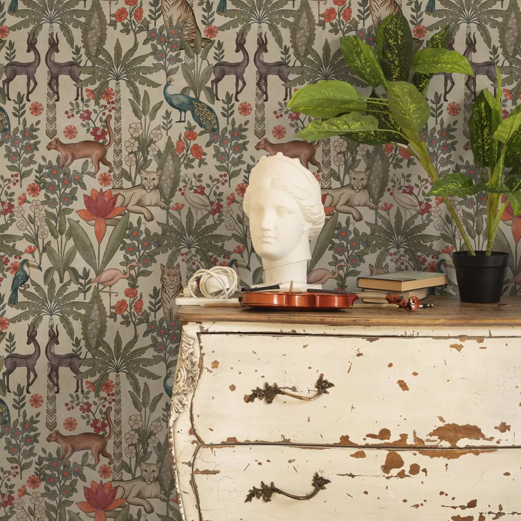 Fototapetai Retro stilius: Gyvūnai ir gėlės senoviniame fone a00431