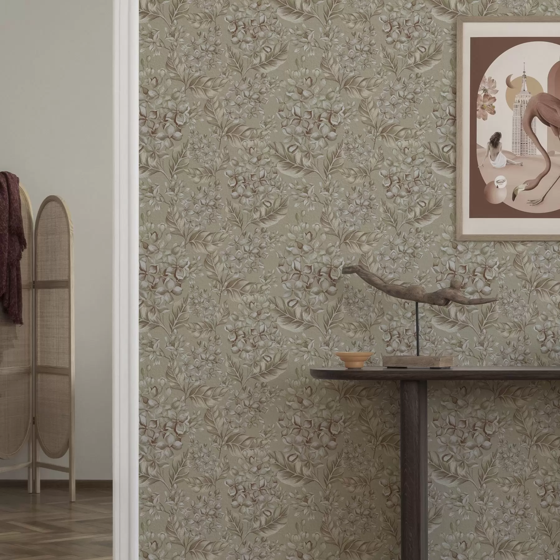 Fototapetai Šiltų atspalvių smėlio spalvos šakos su baltais žiedais a00441