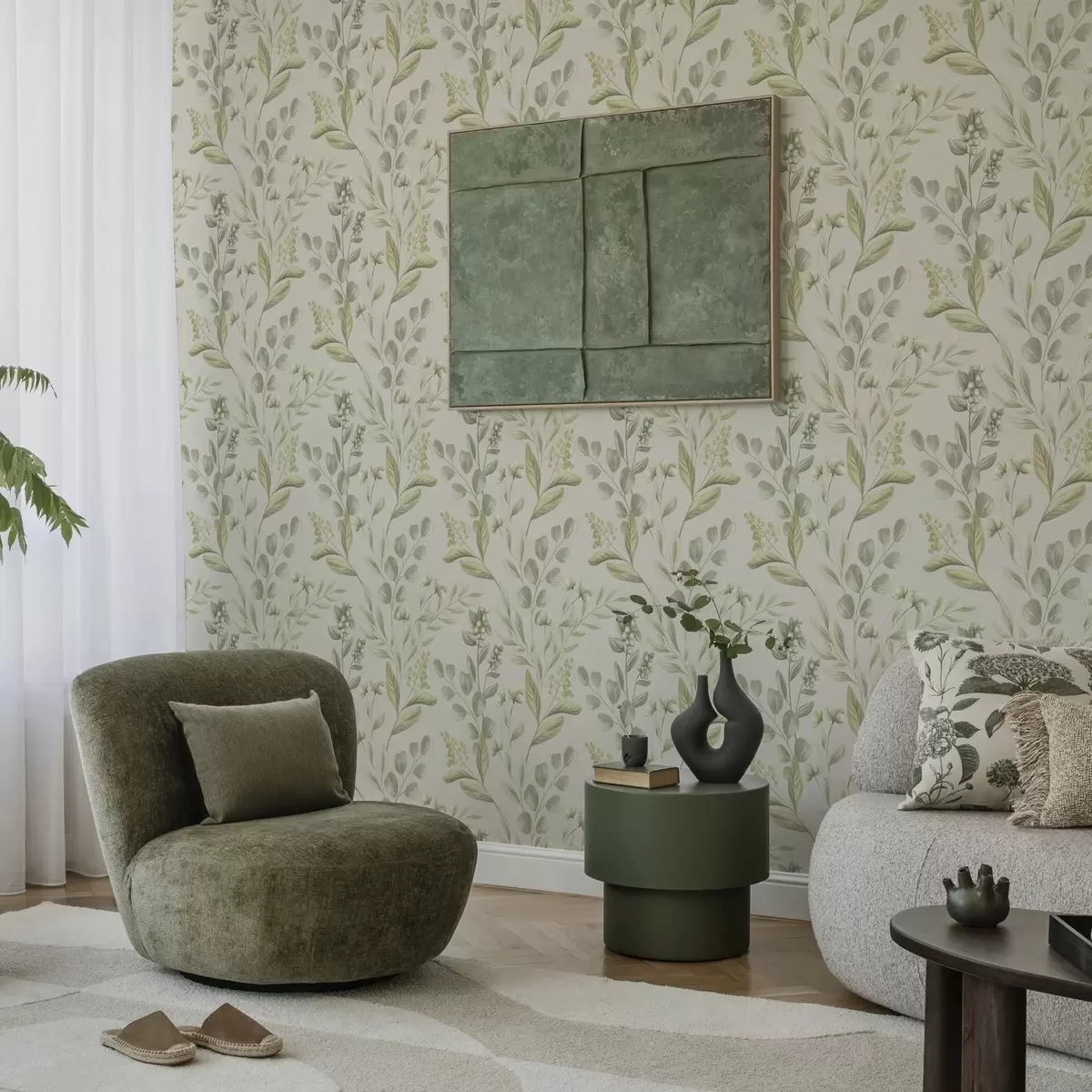 Tapetai Blyškiai žalias eukaliptas akvarelėje žalias eukaliptas akvarelėje su botaniniu raštu a00449