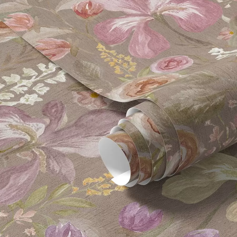 Fototapetai Derliaus rausvos spalvos irisų gėlių raštas smėlio spalvos tekstūruotame fone a00457