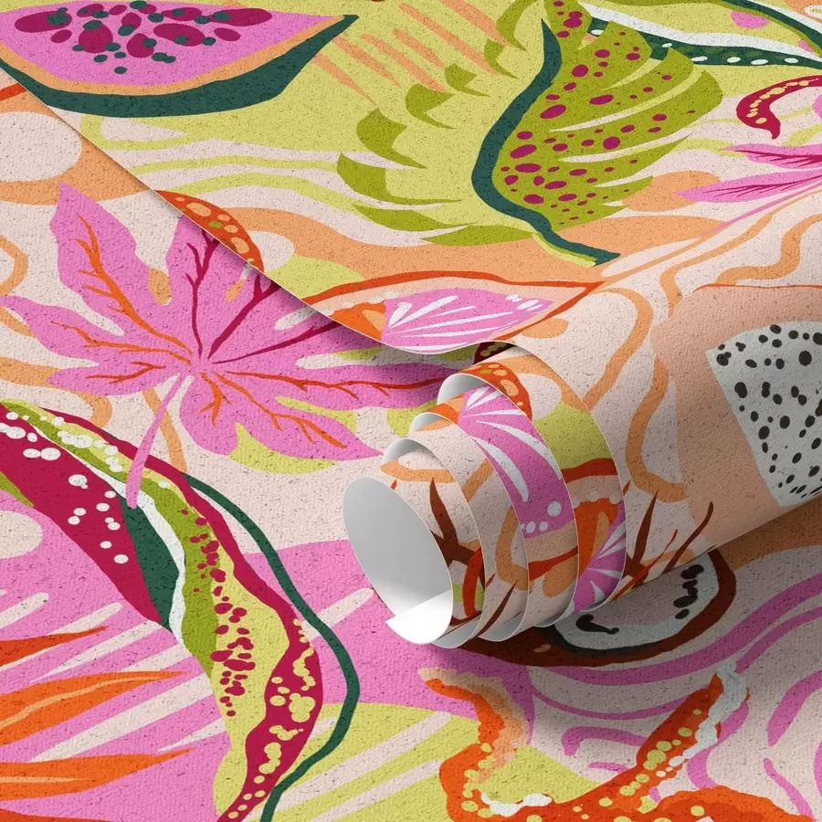 Fototapetai Atogrąžų stiliaus egzotiniai vaisiai, lapai ir chameleonai a00469