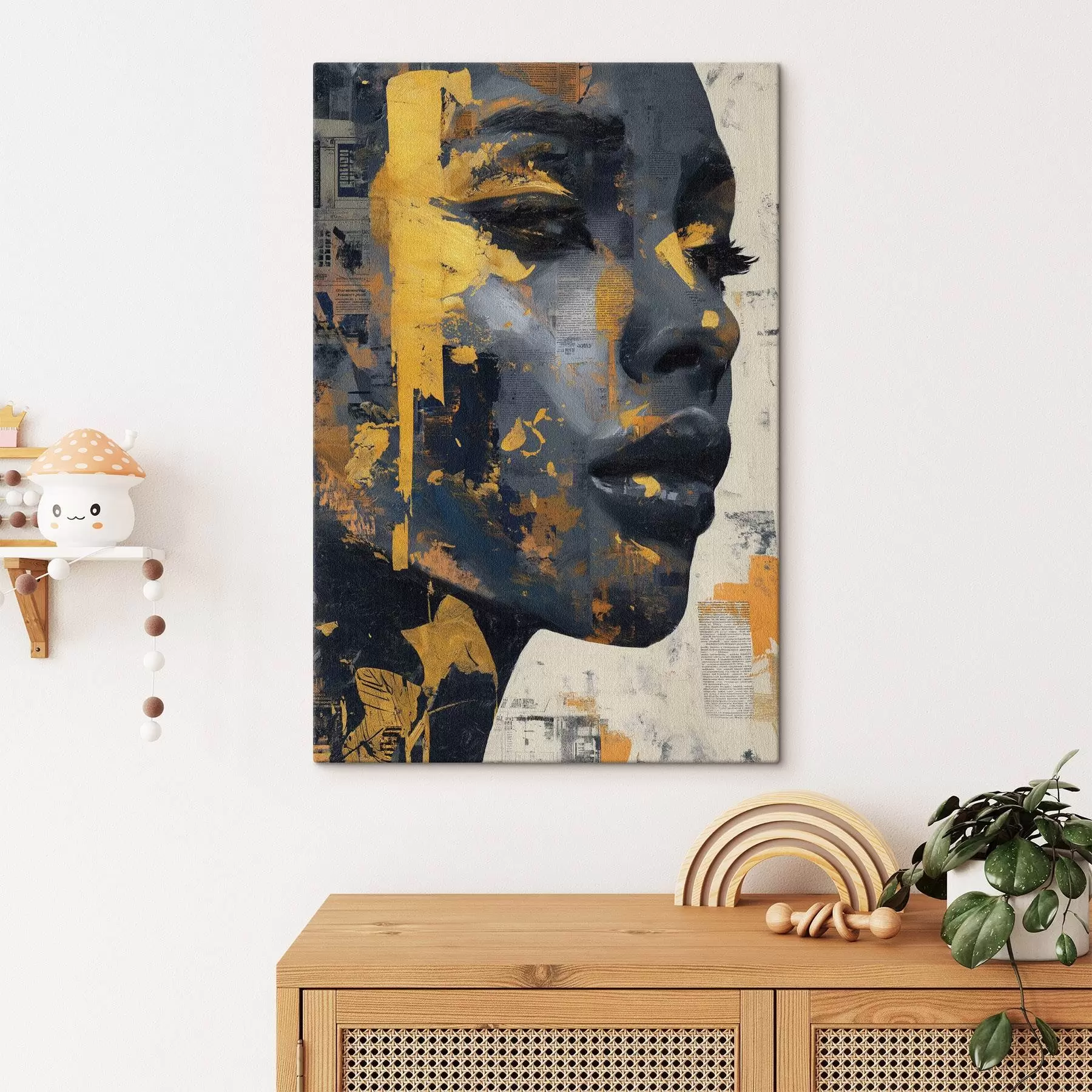 Paveikslėlis Mišrios medijos portretas su laikraščių fragmentais ir dekoratyviniais potėpiais s45420