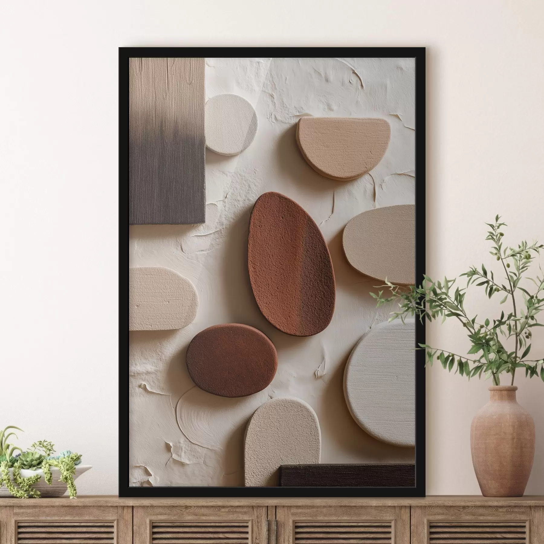 Fototapetai Abstrakti kompozicija su trimatėmis geometrinėmis figūromis reljefiniame fone f45409