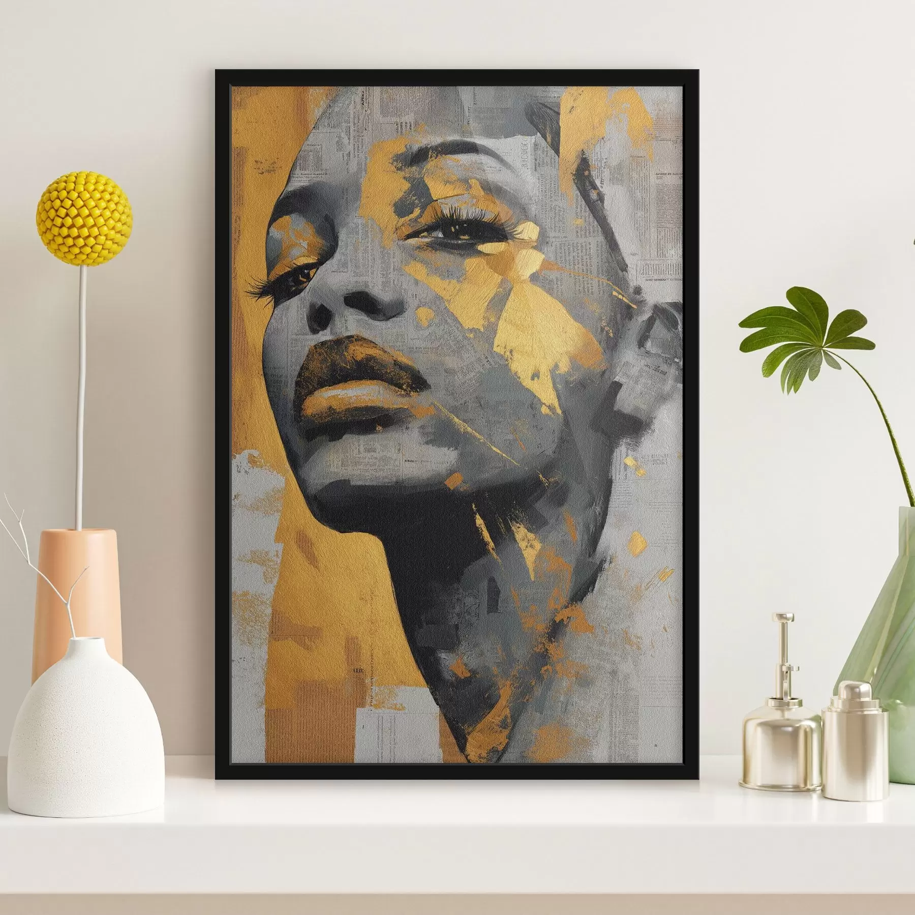 Fototapetai Mišrios medijos portretas su laikraščių fragmentais ir dekoratyviniais potėpiais f45419