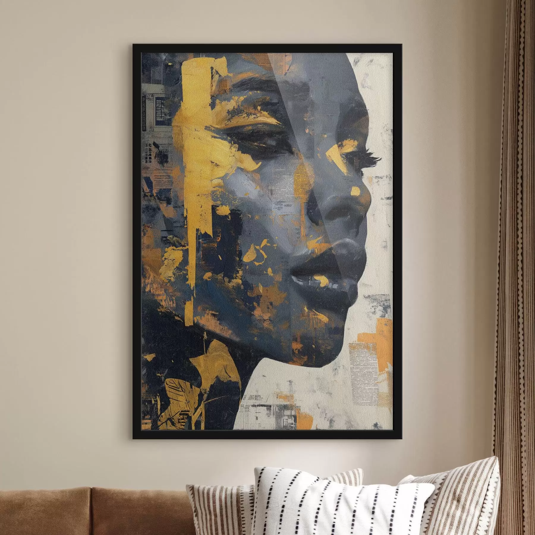 Fototapetai Mišrios medijos portretas su laikraščių fragmentais ir dekoratyviniais potėpiais f45420