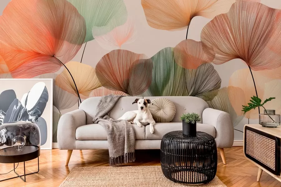 Fototapetai įvairiaspalviai ginkmedžio lapai su gyslomis w04305