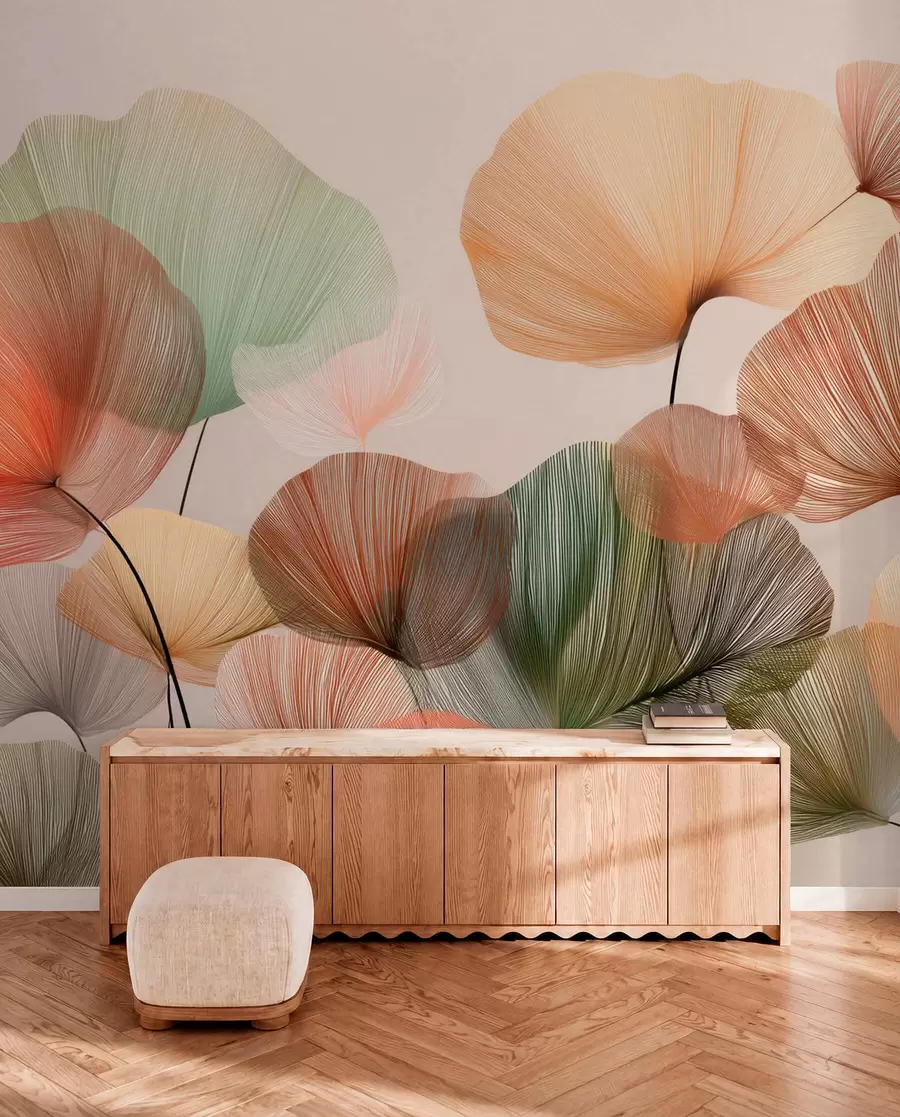 Fototapetai įvairiaspalviai ginkmedžio lapai su gyslomis w04305