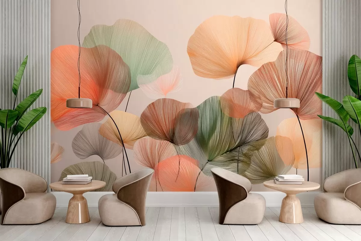 Fototapetai įvairiaspalviai ginkmedžio lapai su gyslomis w04305