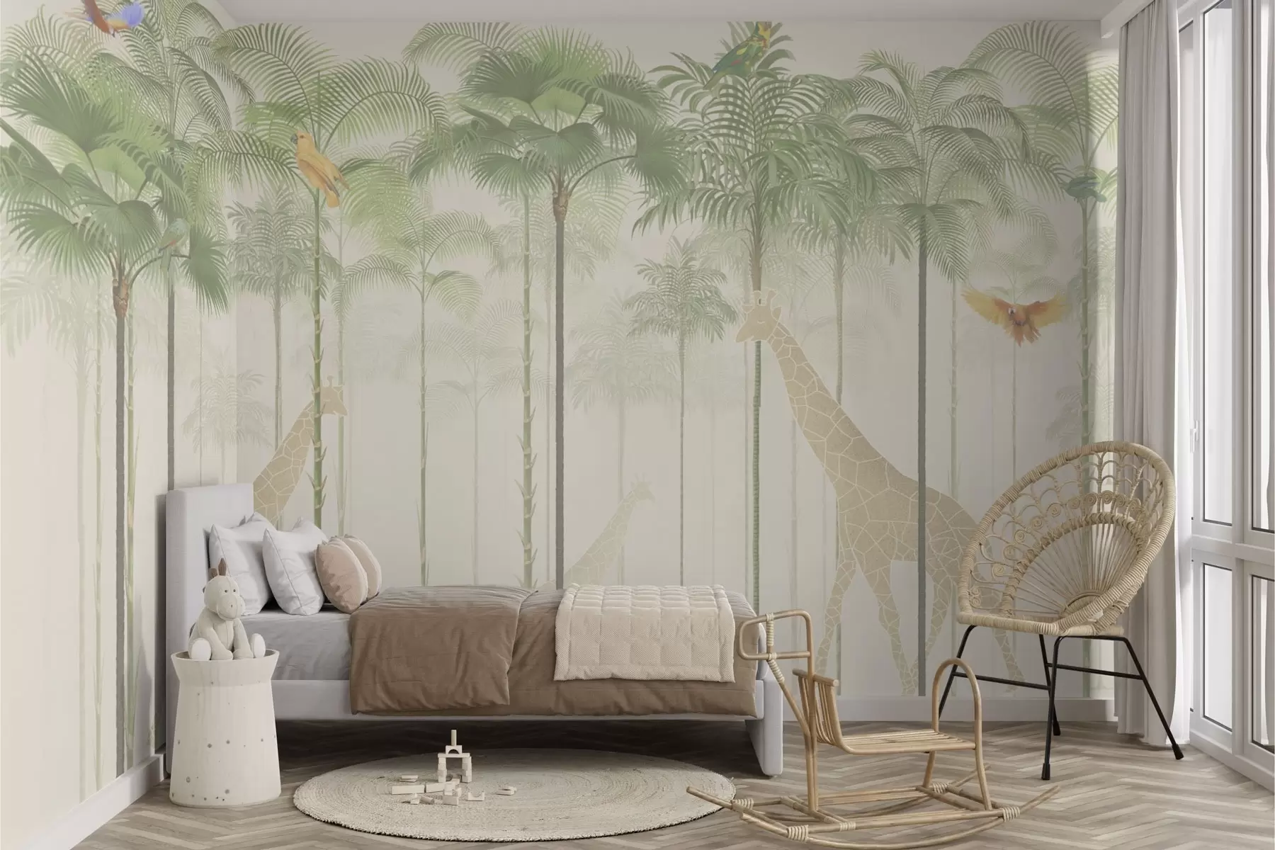 Fototapetai Žirafos ir atogrąžų paukščiai tarp aukštų palmių w04400