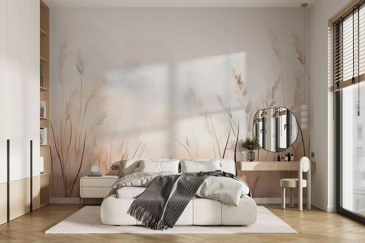 Fototapetai Švelnių smėlio ir rudų atspalvių grūdų ausys rūke w09327