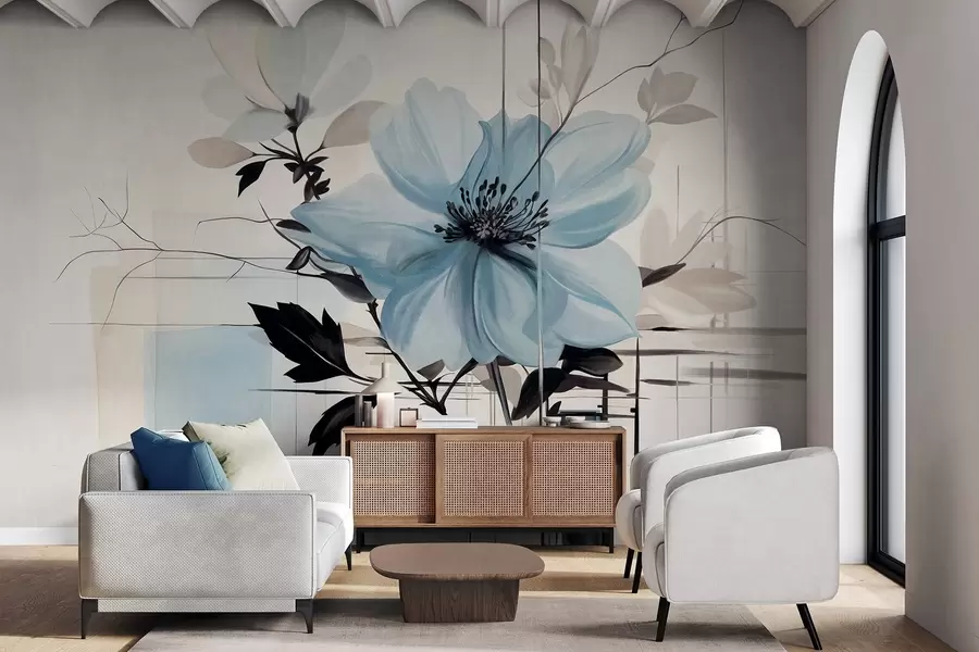 Fototapetai Abstrakti tekstūruota mėlyna gėlė su tamsiais lapais ir šakomis, minimalistinių geometrinių formų ir linijų prislopintomis spalvomis w09332
