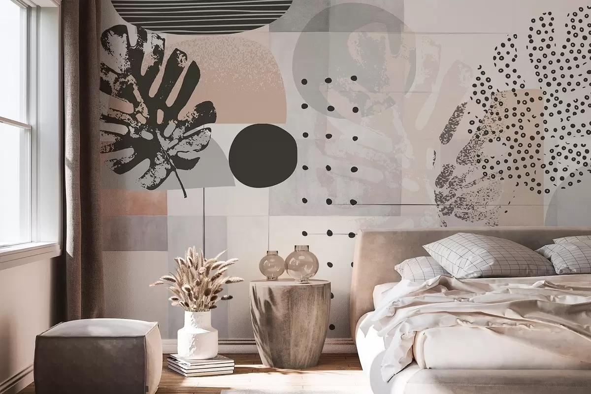 Fototapetai Abstraktus atspaudas su geometrinėmis figūromis ir atogrąžų lapais, apskritimais, taškais ir linijomis, modernus ir minimalistinis dizainas w09333