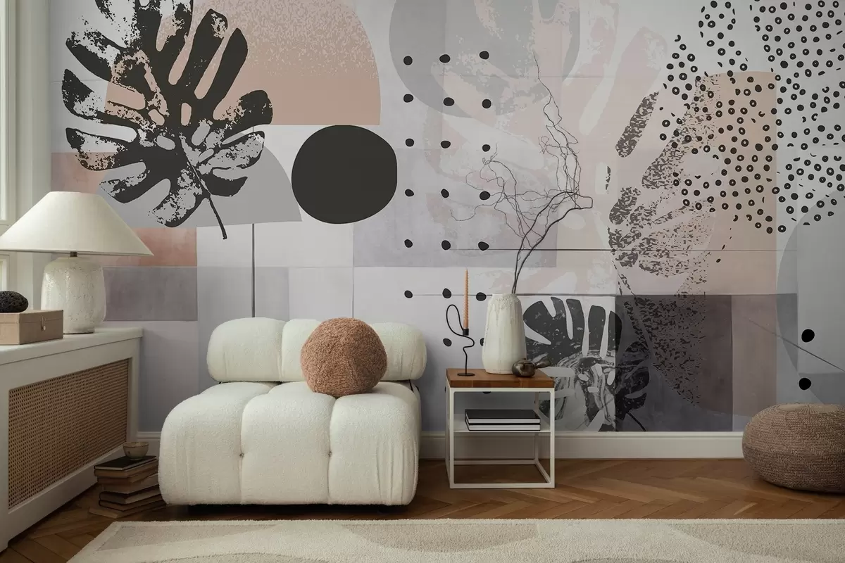 Fototapetai Abstraktus atspaudas su geometrinėmis figūromis ir atogrąžų lapais, apskritimais, taškais ir linijomis, modernus ir minimalistinis dizainas w09333