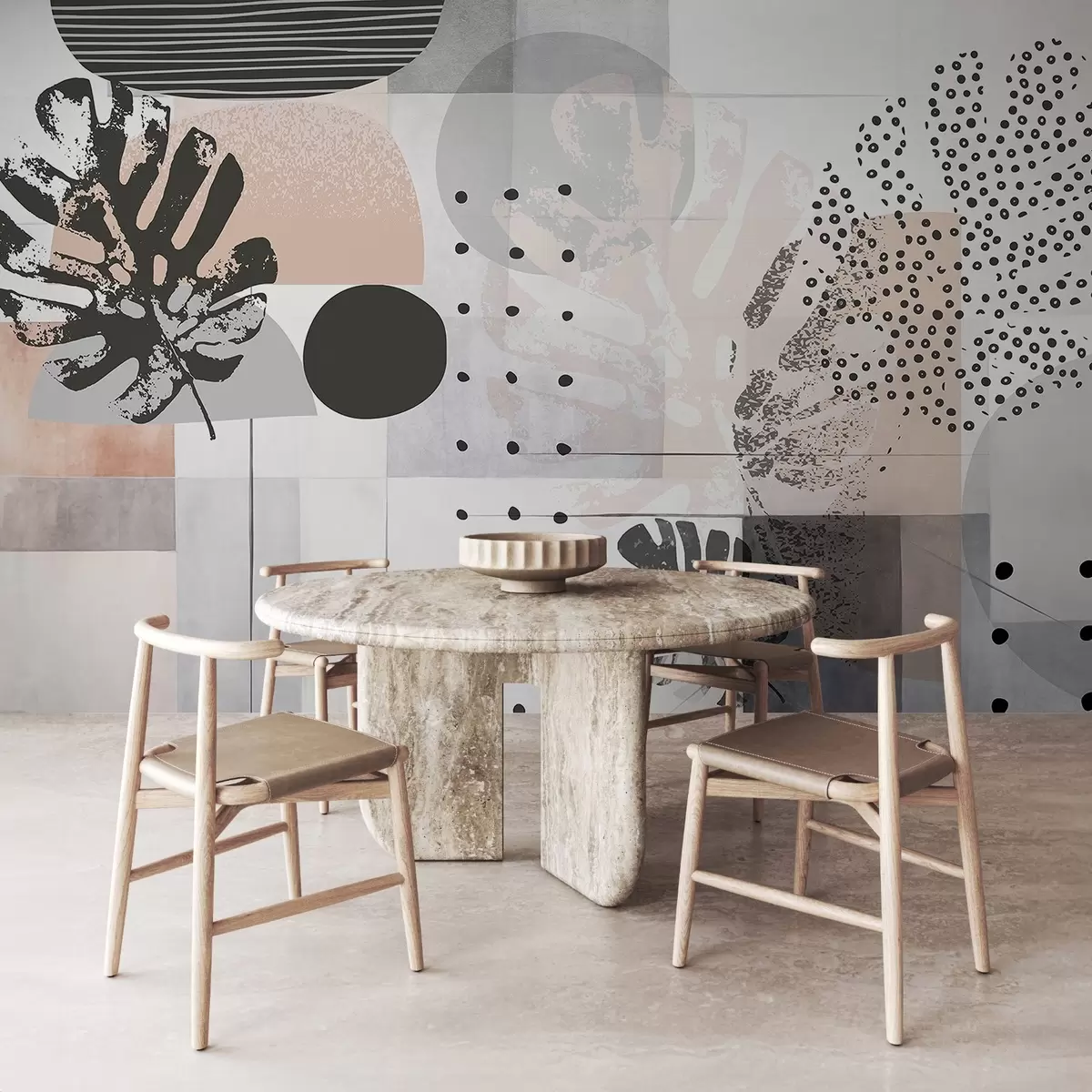 Fototapetai Abstraktus atspaudas su geometrinėmis figūromis ir atogrąžų lapais, apskritimais, taškais ir linijomis, modernus ir minimalistinis dizainas w09333