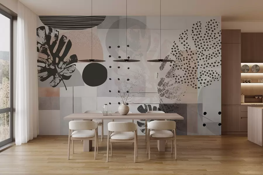 Fototapetai Abstraktus atspaudas su geometrinėmis figūromis ir atogrąžų lapais, apskritimais, taškais ir linijomis, modernus ir minimalistinis dizainas w09333