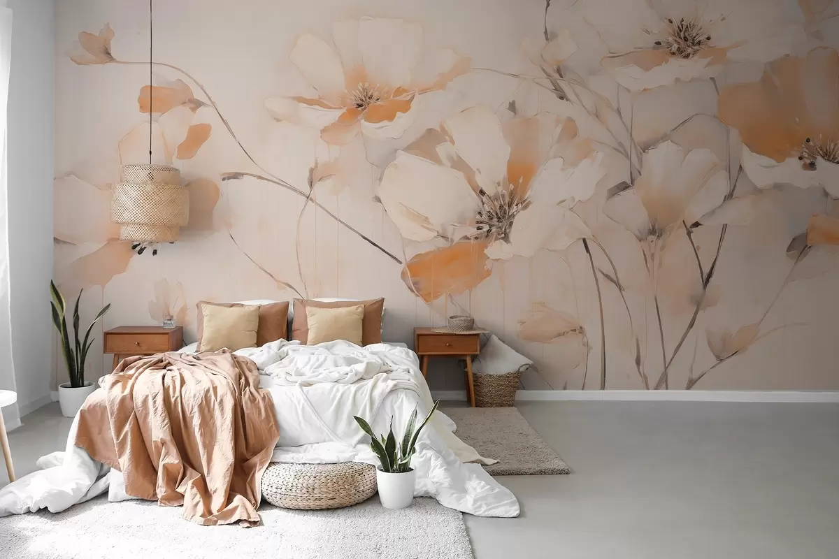 Fototapetai Baltos ir oranžinės spalvos tekstūruotos gėlės ilgais stiebais, šviesus fonas, švelnios spalvos, elegantiška kompozicija, subtilūs potėpiai teptuku w09335