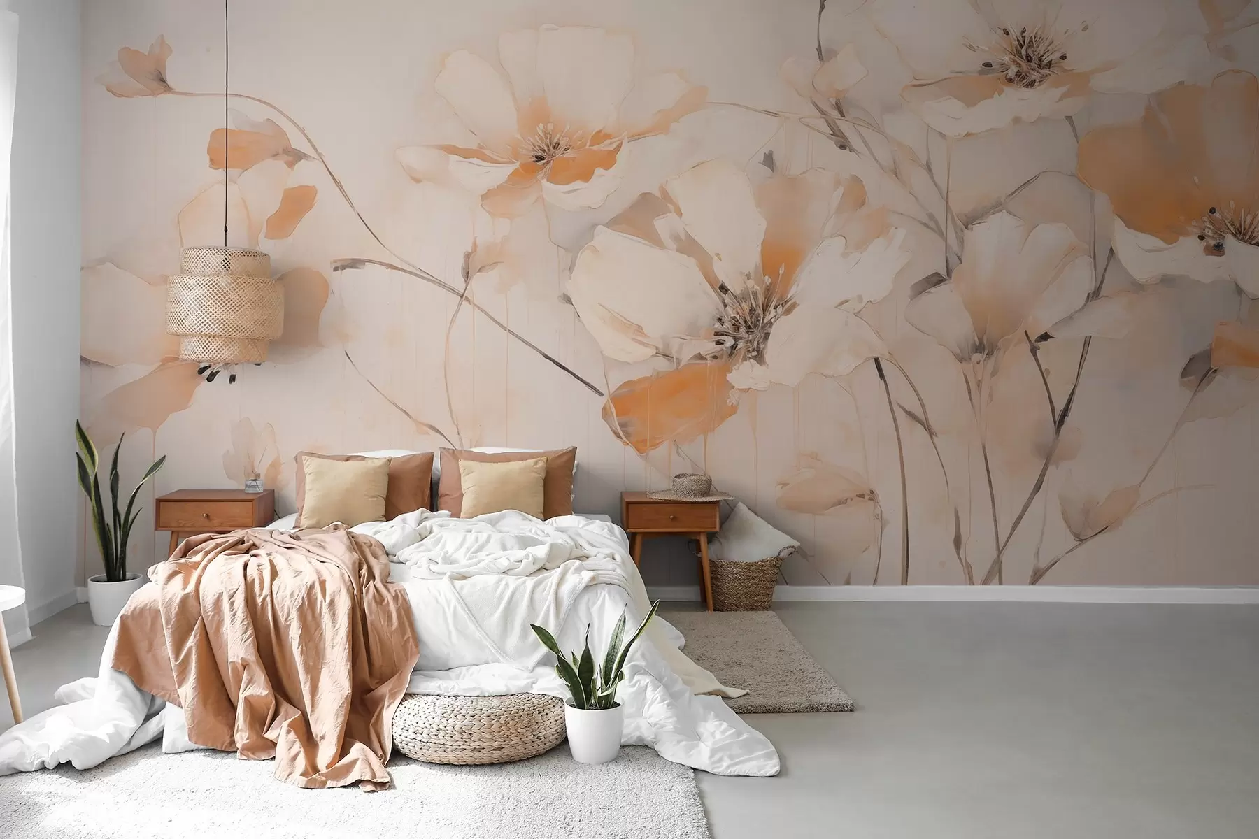 Fototapetai Baltos ir oranžinės spalvos tekstūruotos gėlės ilgais stiebais, šviesus fonas, švelnios spalvos, elegantiška kompozicija, subtilūs potėpiai teptuku w09335