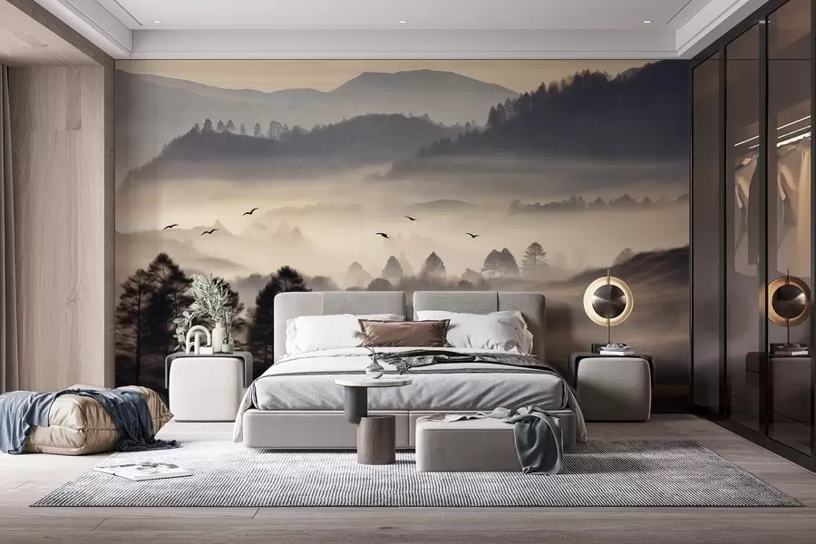 Fototapetai Kalnų kraštovaizdžio tekstūra su rūko sluoksniais, medžių siluetai pirmame plane, tolimas kalnų masyvas, švelnus apšvietimas w09338