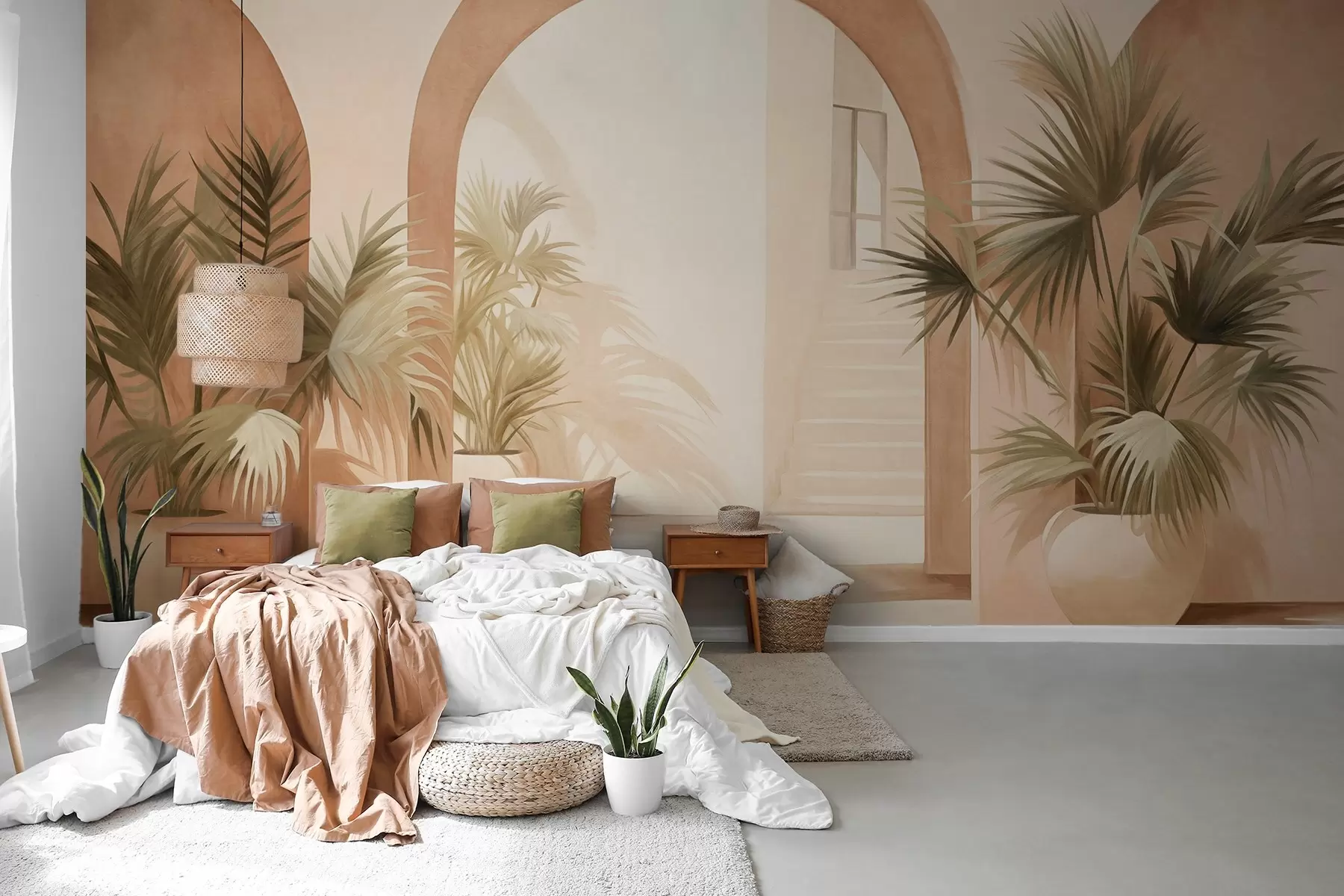 Fototapetai Tekstūrinės arkos su vazoniniais augalais, šviesiai smėlio spalvos, minimalistinis dizainas, laiptai fone w09339