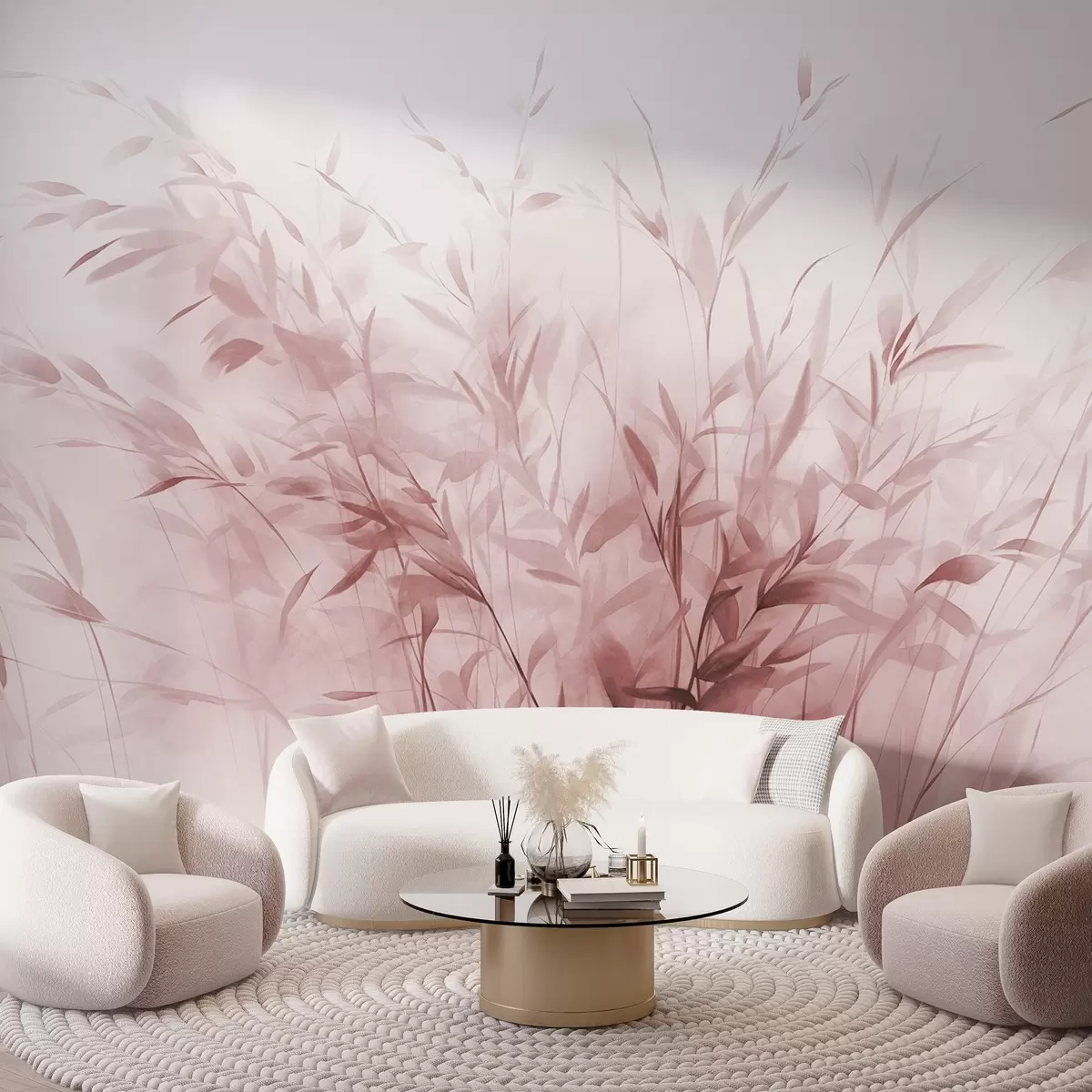 Fototapetai Žolė ir piktžolės su plonais lapeliais ir stiebais, šviesiai rožinės spalvos, švelnūs ir subtilūs teptuko potėpiai, minimalistinis atspaudas w09342v2