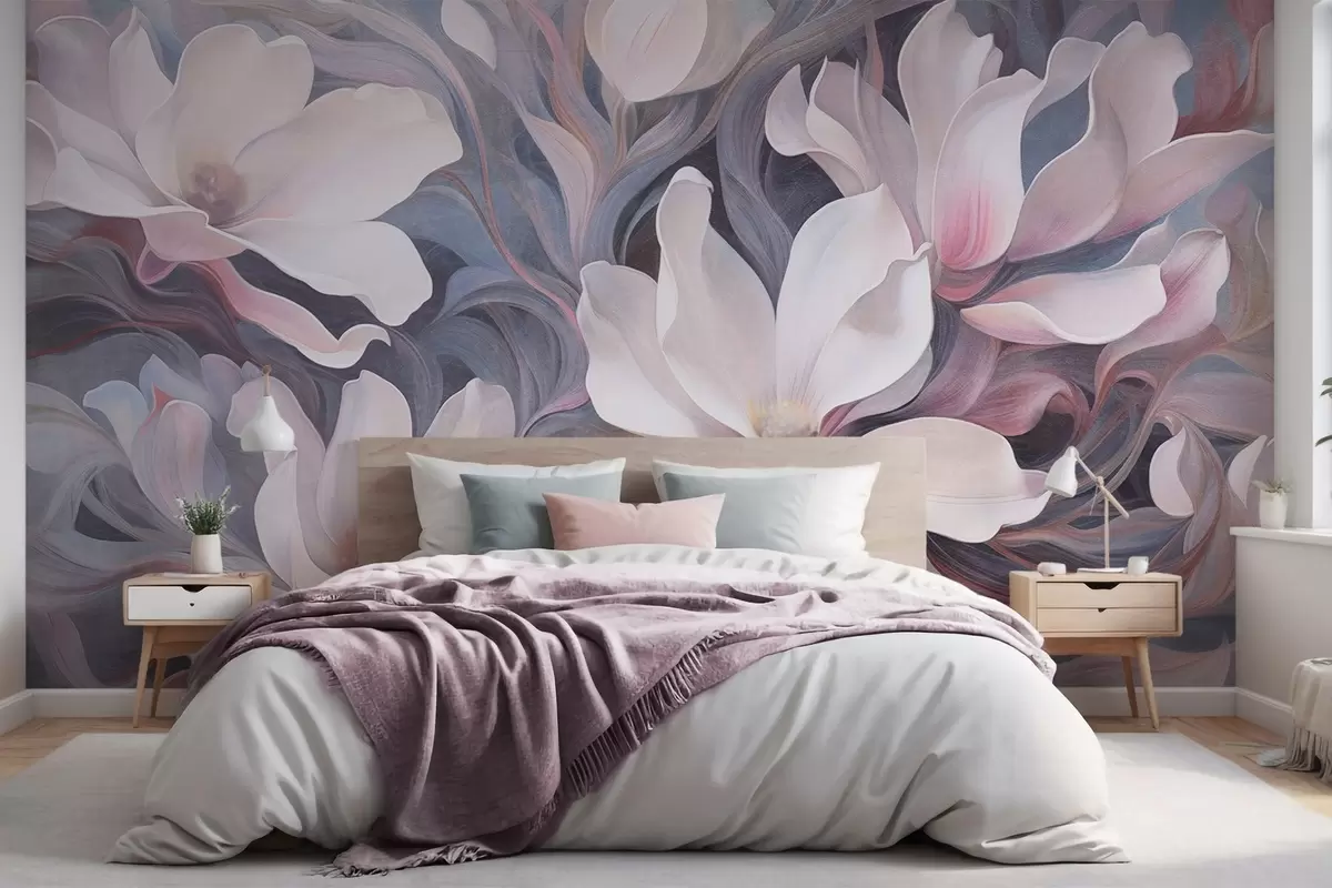 Fototapetai Tekstūrinis paveikslas su baltų magnolijų žiedais ir rausvais akcentais, nutapytas virpančių, prislopintų mėlynų ir pilkų tonų fone w09344