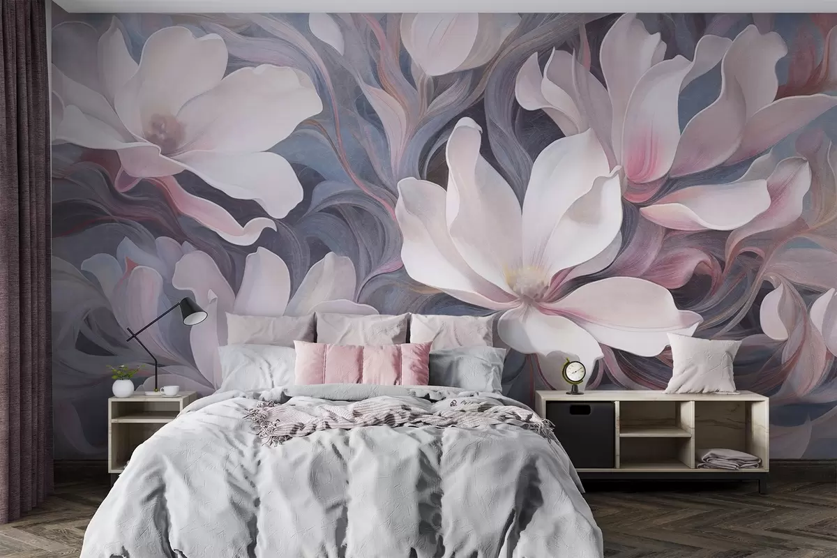 Fototapetai Tekstūrinis paveikslas su baltų magnolijų žiedais ir rausvais akcentais, nutapytas virpančių, prislopintų mėlynų ir pilkų tonų fone w09344