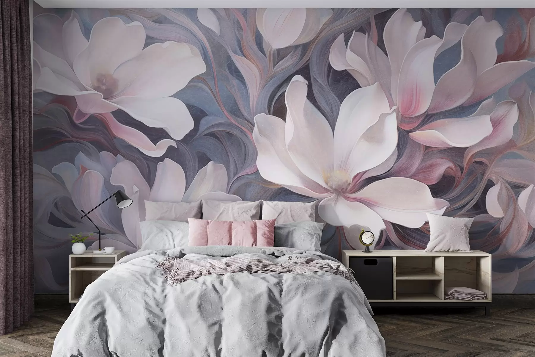 Fototapetai Tekstūrinis paveikslas su baltų magnolijų žiedais ir rausvais akcentais, nutapytas virpančių, prislopintų mėlynų ir pilkų tonų fone w09344
