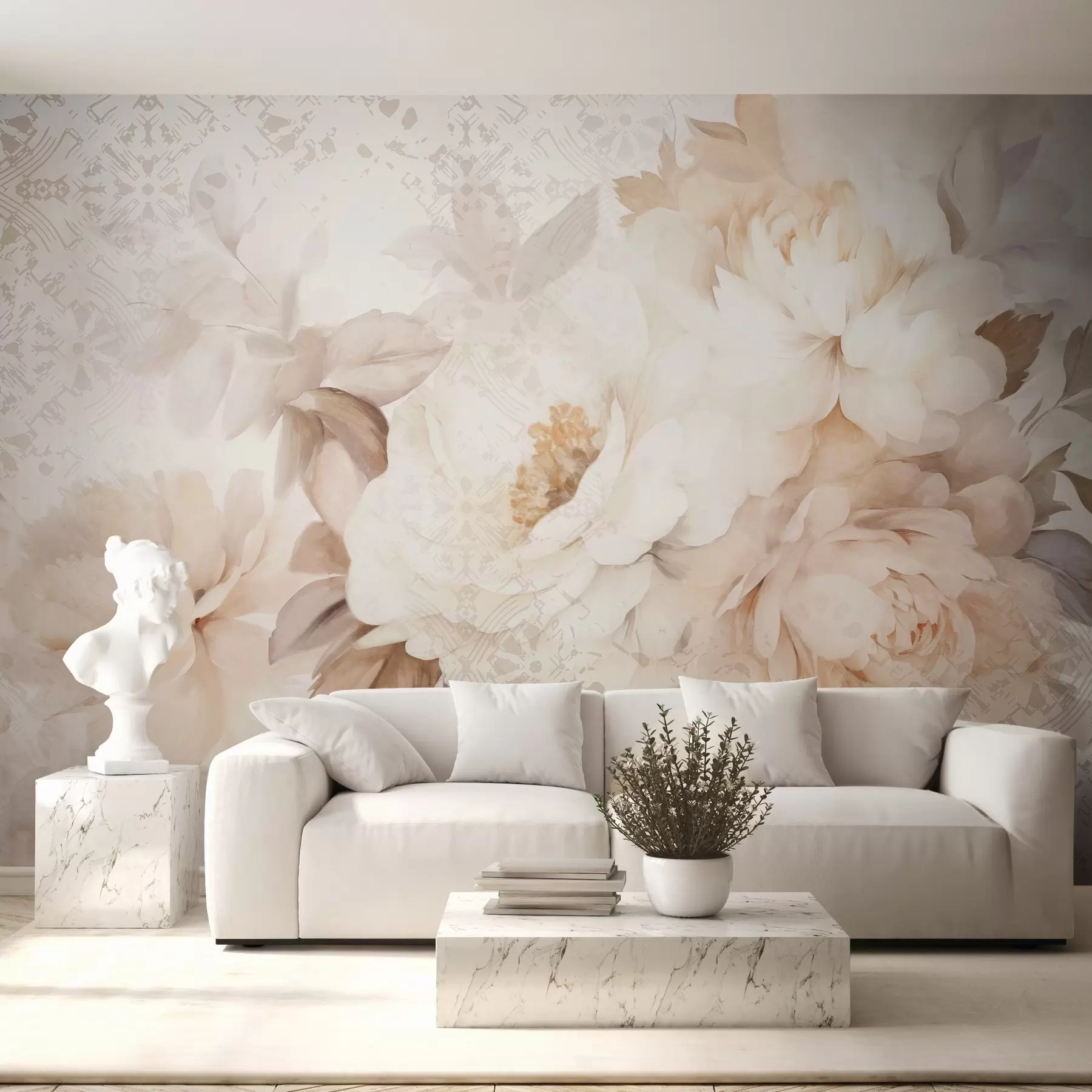 Fototapetai Gėlių kompozicija iš baltų bijūnų su smėlio spalvos lapais, išdėstyta dekoratyviame senovinės tekstūros fone w09345