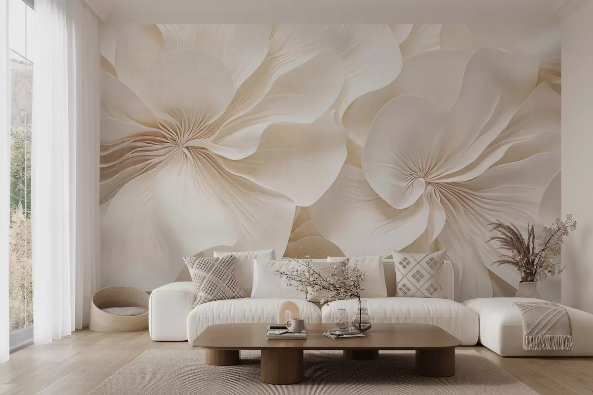 Fototapetai Kreminės tekstūros gėlės su švelniais, tekančiais žiedlapiais, sukuriančios švelnią, elegantišką ir tekstūrinę gėlių kompoziciją, stambiu planu w09346
