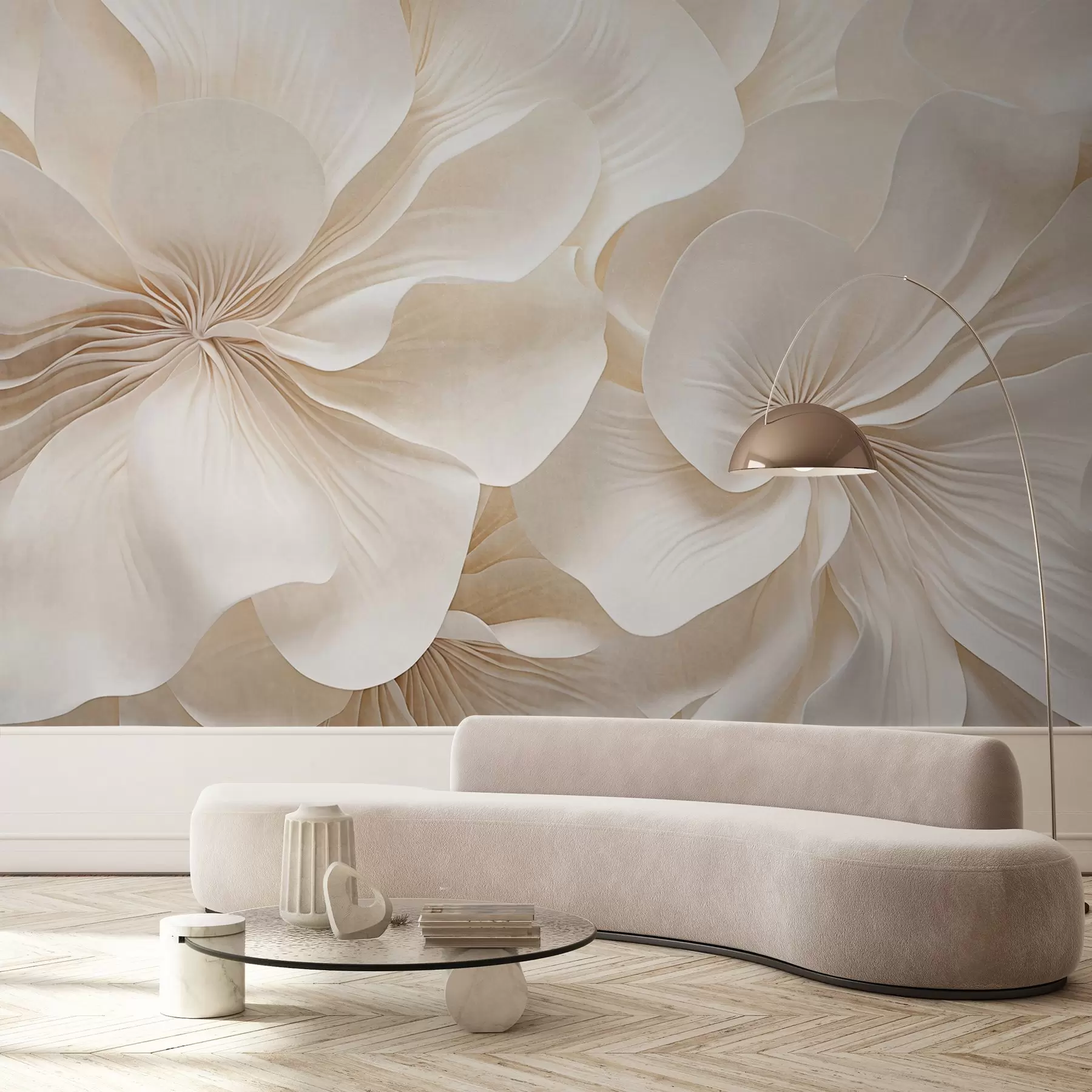 Fototapetai Kreminės tekstūros gėlės su švelniais, tekančiais žiedlapiais, sukuriančios švelnią, elegantišką ir tekstūrinę gėlių kompoziciją, stambiu planu w09346