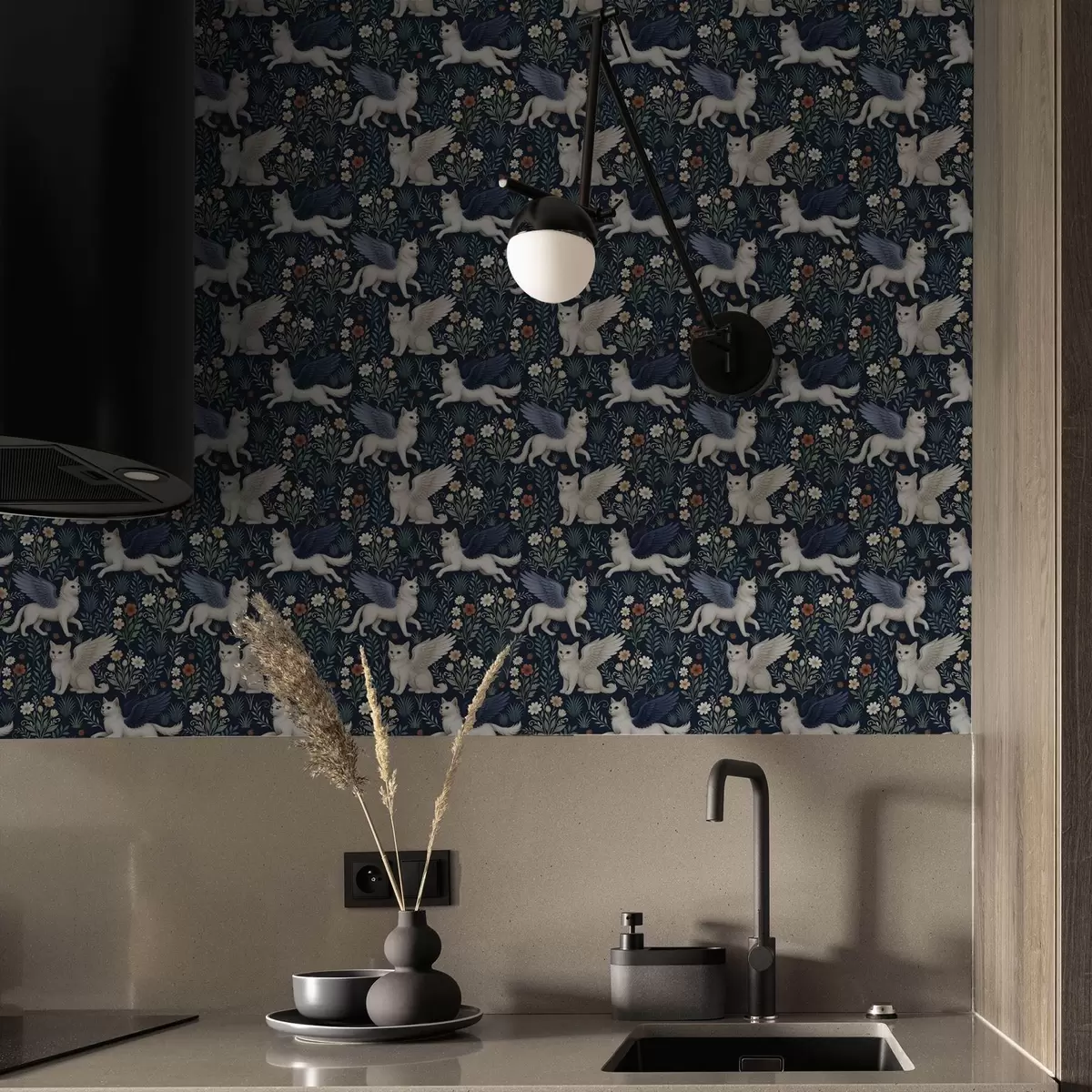 Tapetai Fantazijos katės su sparnais tarp gėlių a00408