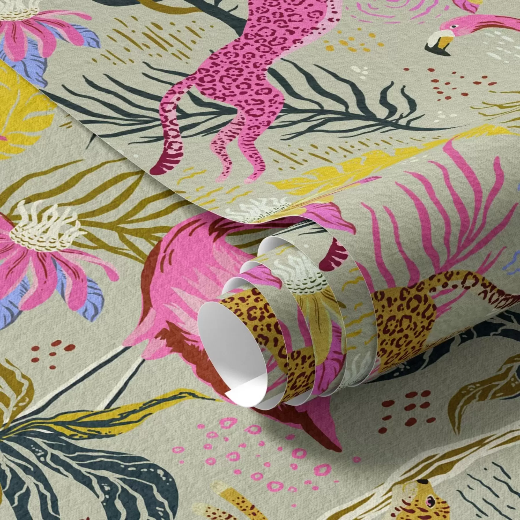 Fototapetai Ryškūs flamingai ir leopardai tarp atogrąžų augalų a00470