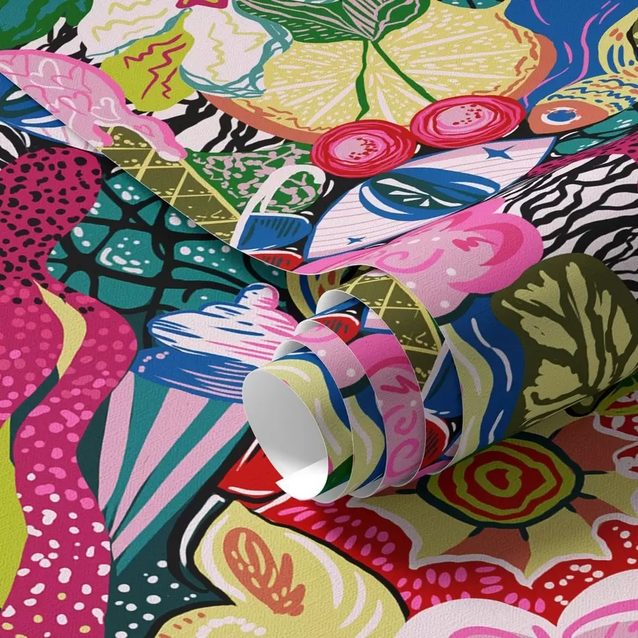 Fototapetai Abstraktus popartas su gėlėmis, uogomis ir raštais a00471