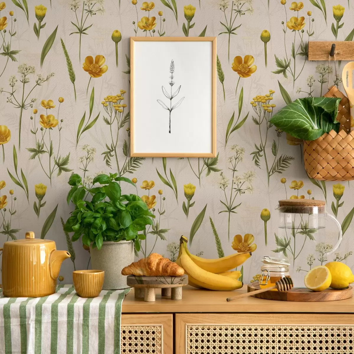 Tapetai Geltonos gėlės ir žaluma smėlio spalvos fone a00472v2 Tapetai Geltonos gėlės ir žaluma smėlio spalvos fone a00472v2