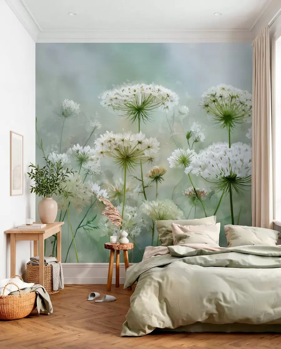 Fototapetai švelnios baltos laukinės gėlės Karalienė Ana, vaizdingo stiliaus, žali tonai w04313