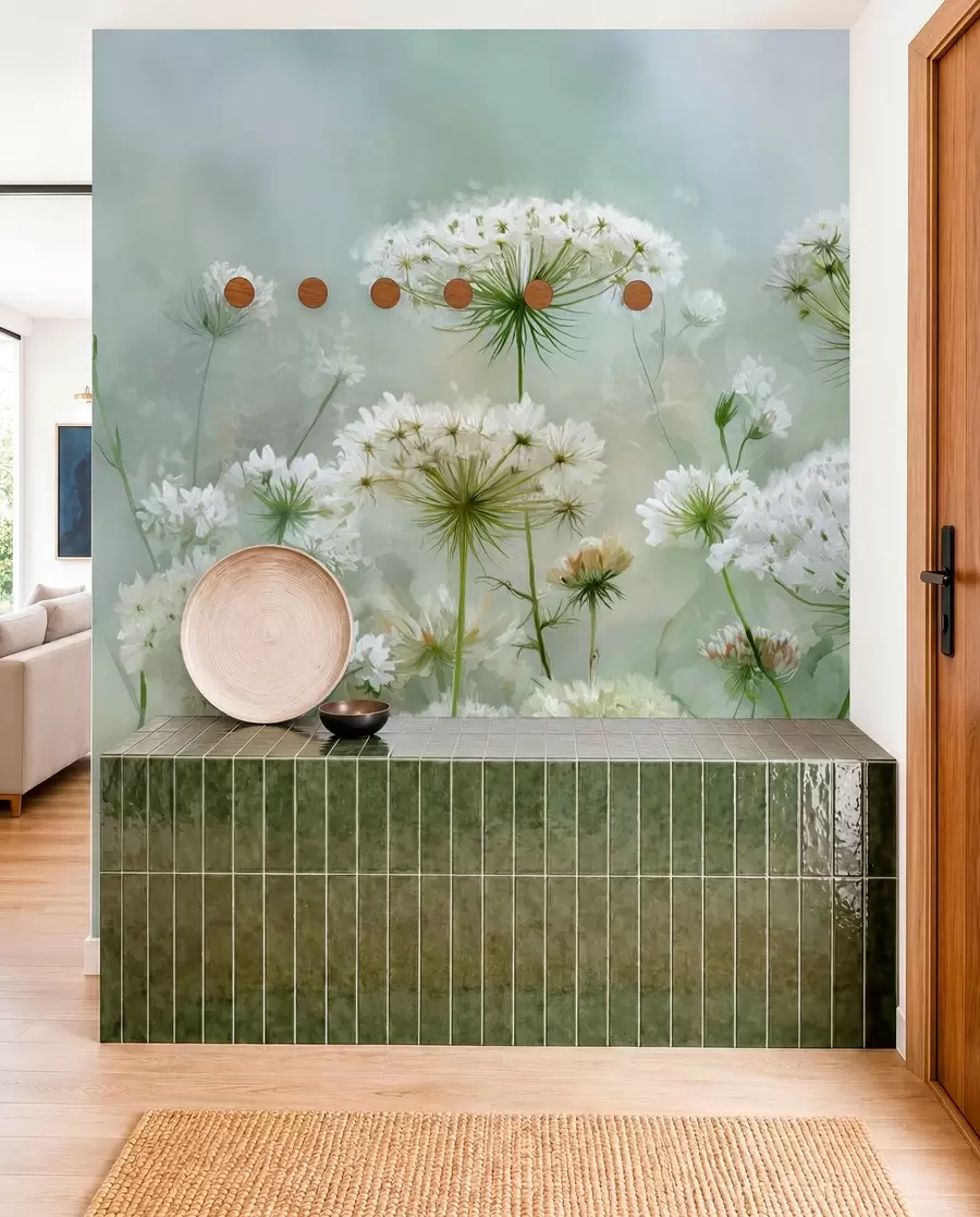 Fototapetai švelnios baltos laukinės gėlės Karalienė Ana, vaizdingo stiliaus, žali tonai w04313