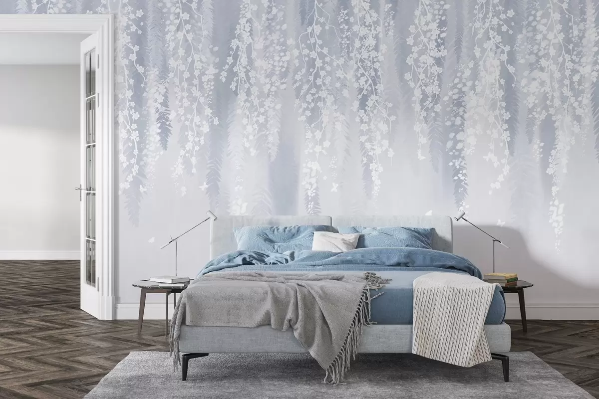 Fototapetai Vėsi mėlyna šakų su baltomis gėlėmis versija w04417v2