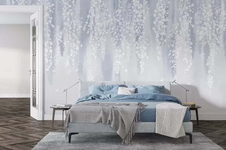 Fototapetai Vėsi mėlyna šakų su baltomis gėlėmis versija w04417v2