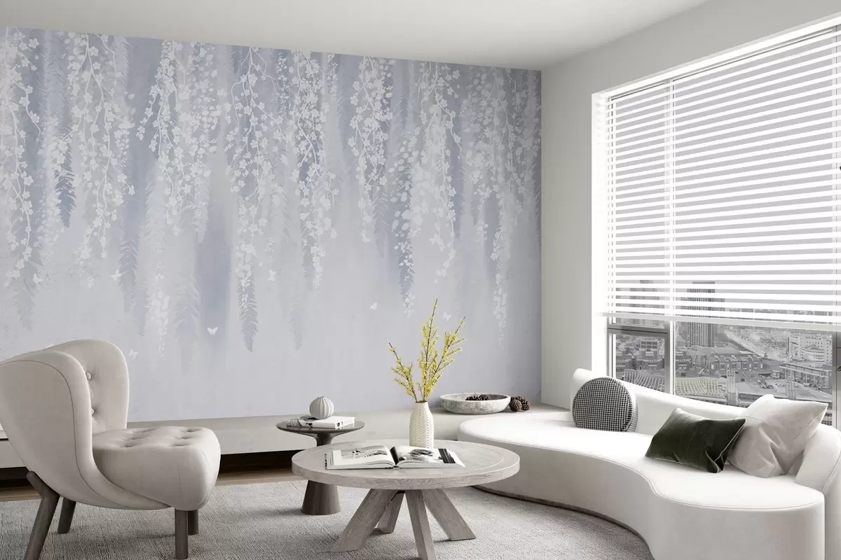 Fototapetai Vėsi mėlyna šakų su baltomis gėlėmis versija w04417v2