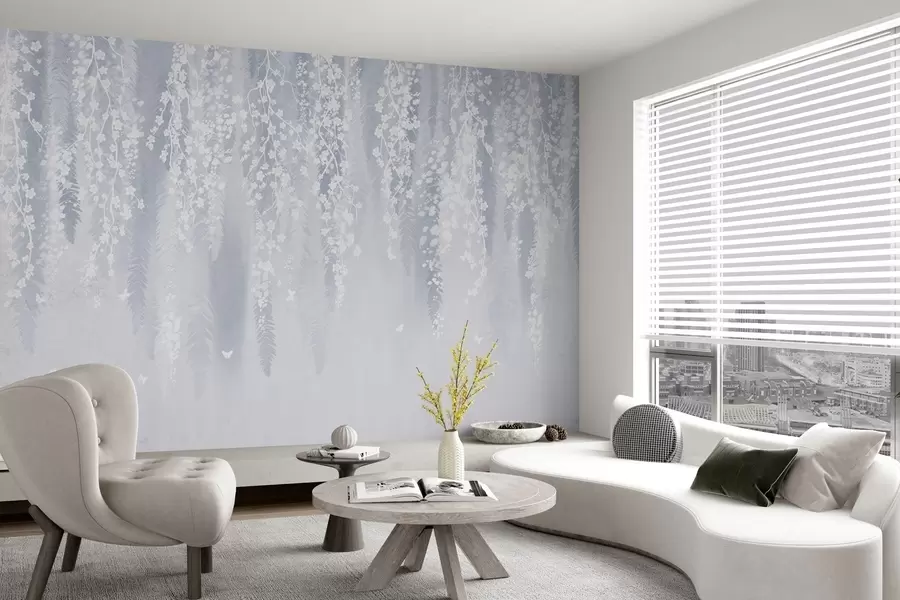 Fototapetai Vėsi mėlyna šakų su baltomis gėlėmis versija w04417v2