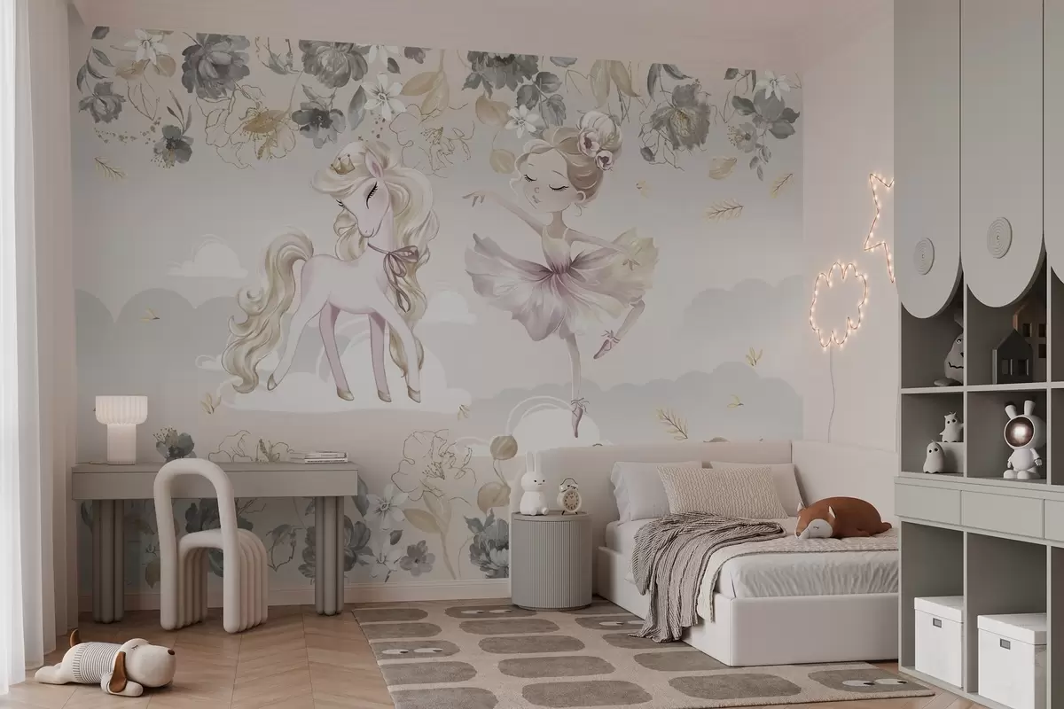 Fototapetai Sniego baltumo ponis ir balerina tarp gėlių ir debesų w04419