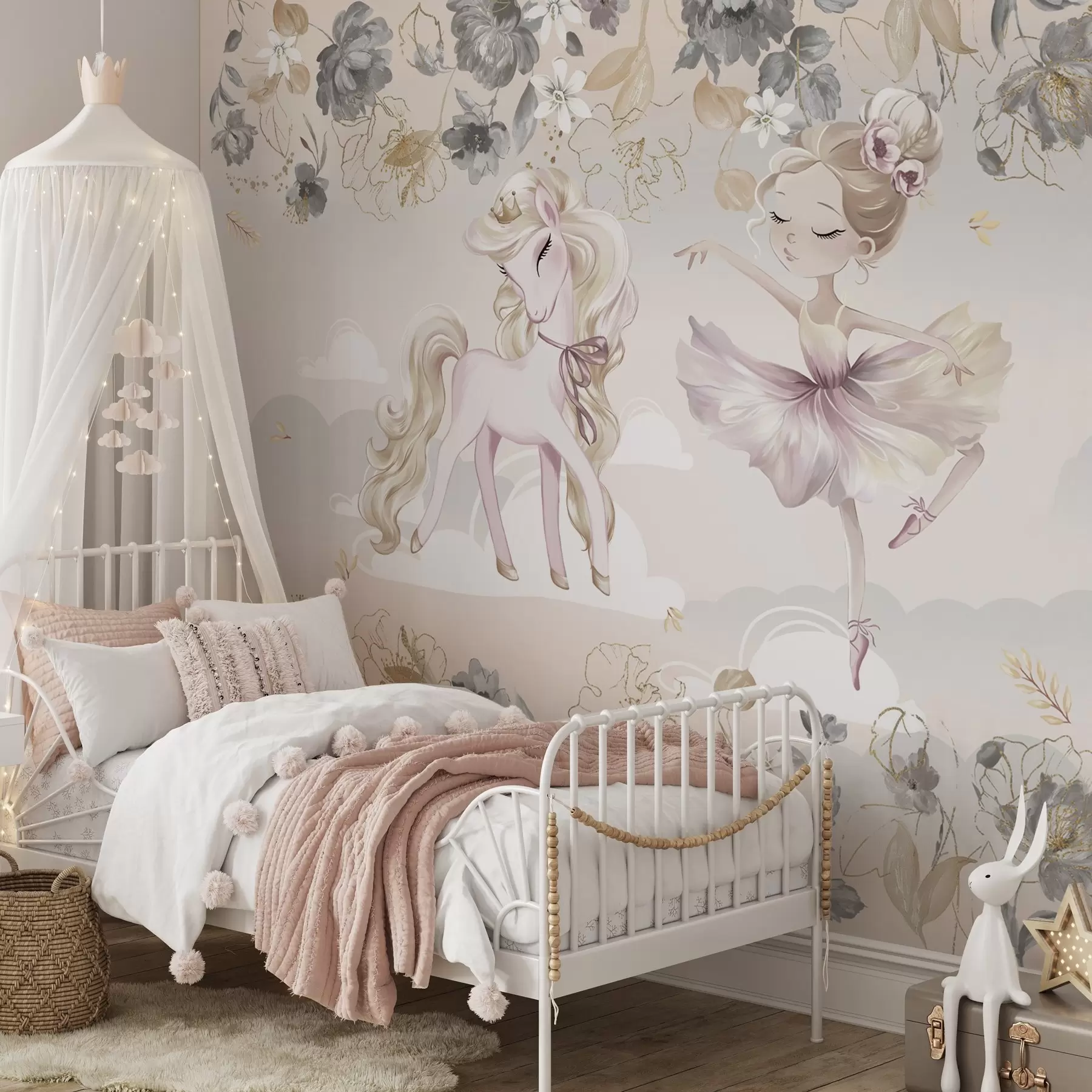 Fototapetai Sniego baltumo ponis ir balerina tarp gėlių ir debesų w04419